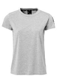 Graues, kurzärmliges T-Shirt aus weicher, biologischer Baumwolle. Es hat einen Rundhalsausschnitt und ein minimalistisches Design mit dezenten Steppnähten.