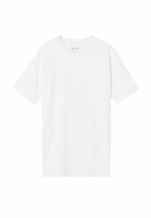 T-shirt bianco in cotone con scollo a giro e maniche corte, presenta una texture liscia e una vestibilità rilassata. Nessun motivo o dettaglio visibile.