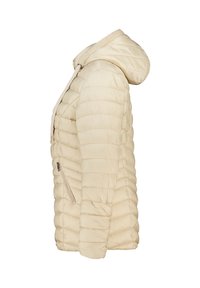 Veste matelassée beige avec capuche, poche latérale zippée et détails côtelés sur le bord de la capuche, vue de côté.