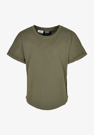 Oliwkowa koszulka z krótkim rękawem, okrągłym dekoltem i podwiniętymi mankietami. Wykonana z miękkiego materiału, o luźnym kroju i zaokrąglonym dole.