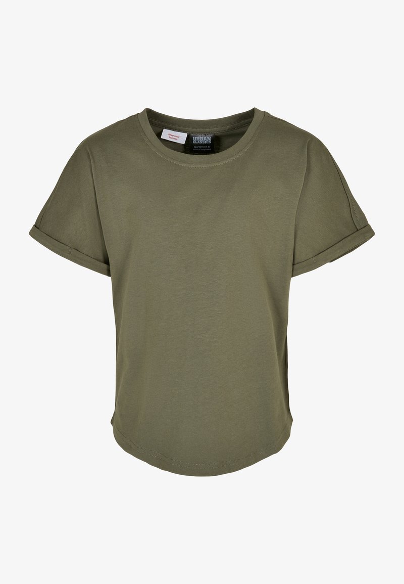 Maslena zelena kratka majica s kratkimi rokavi in okroglim izrezom ter zvitimi manšeti. Narejena je iz mehkega blaga z sproščenim krojem in ukrivljenim robom.