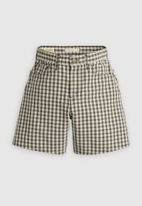 Shorts à motif à carreaux beige, marron et blanc avec bouton sur le devant, fermeture éclair, passants de ceinture et design à cinq poches.