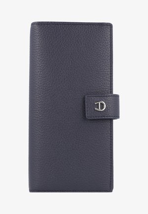 Portefeuille en cuir marine avec une finition texturée, de forme rectangulaire et un fermoir en métal argenté avec un détail de logo.