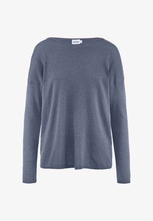 Langarmpullover aus weichem blauen Stoff, mit lockerer Passform und weitem Ausschnitt. Rippbündchen und nahtloses Schulterdesign.