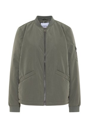 Veste bomber vert olive avec une fermeture éclair sur le devant, un col et des poignets côtelés, des poches latérales et une poche zippée sur la manche. Tissu lisse et léger.