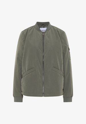 Oliven grøn bomberjakke med frontlynlås, ribbede krave og manchetter, sidelommer og en lynlåslomme på ærmet. Glat, letvægtsstof.