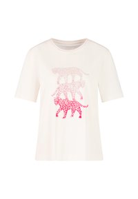 Weißes T-Shirt mit kurzen Ärmeln, auf dem drei übereinander gestapelte pinkfarbene Leopardsilhouetten von dunkel nach hell nach unten verblassen.