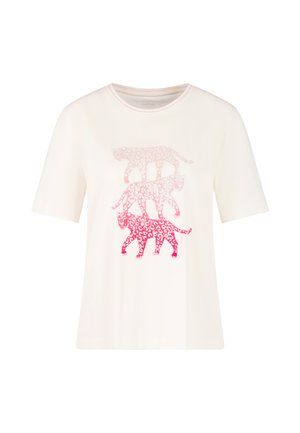 White short-sleeve T-shirt with three stacked pink leopard silhouettes fading from dark to light down the front.