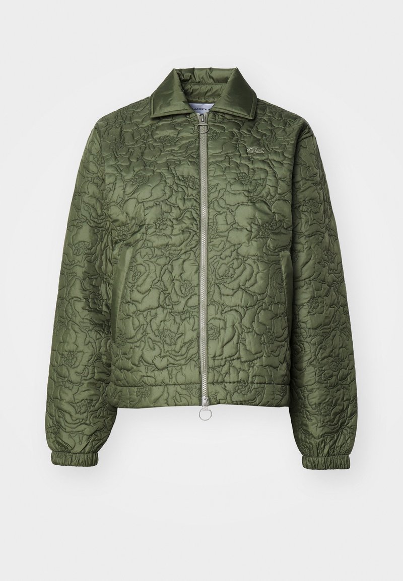 Gepolsterte Jacke in olivgrün mit Stehkragen, Frontreißverschluss und elastischen Bündchen. Verfügt über ein strukturiertes Blumenmuster und einen runden Reißverschlussanhänger.