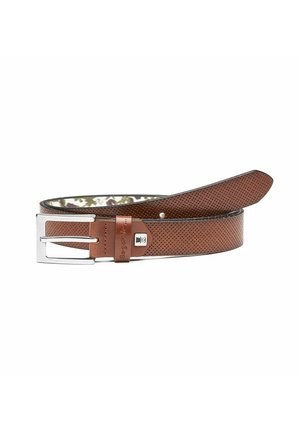 Brown perforated leather belt with a silver metal buckle, featuring a smooth lining and a branded leather accent detail.