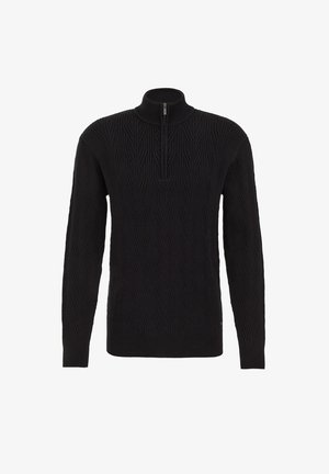 Must mustriga pullover kõrge kraega ja neljandiku tõmblukuga. Omab tekstuurset mustrit vertikaalse ribadusega ja kitsenevaid varrukaid.