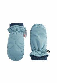 Helleblaue Fäustlinge mit gestepptem Textur, elastischen Bündchen und marineblauen Strickakzenten oben. Verstellbarer Riemen für einen sicheren Sitz.