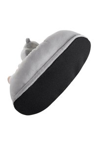 Gray plush slipper with a rounded shape, smooth surface, and black textured rubber sole for grip. Accented with a small character detail.