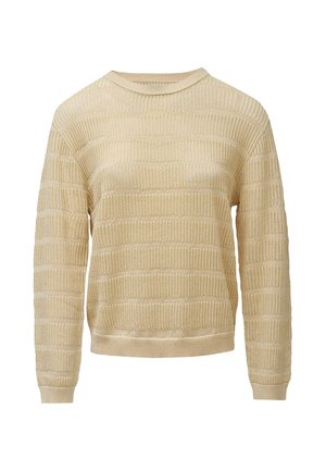 Suéter de punto beige con un diseño de rayas texturizadas, cuello redondo y mangas largas con puños y dobladillo acanalados.