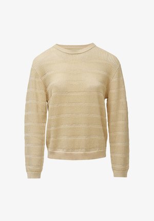 Bežna pletena majica z texturiranim prugastim vzorcem, okroglim izrezom in dolgimi rokavi z rebrastimi manšetami in robom.