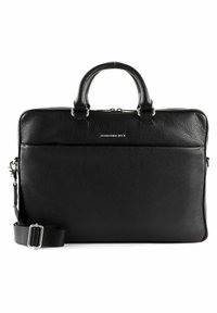 Black leather briefcase with textured finish, dual top handles, removable strap, silver hardware, and front zipper pocket.