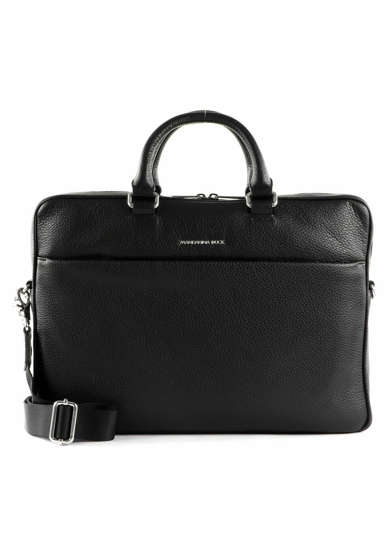 Black leather briefcase with textured finish, dual top handles, removable strap, silver hardware, and front zipper pocket.