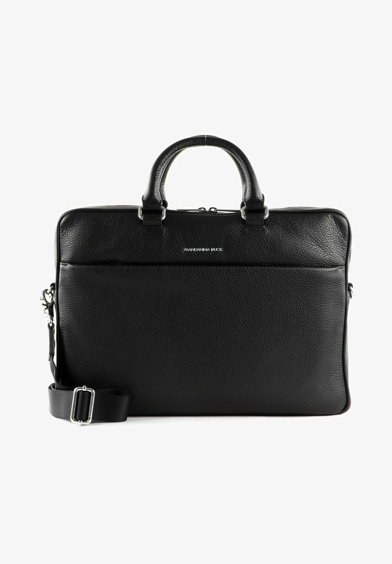 Black leather briefcase with textured finish, dual top handles, removable strap, silver hardware, and front zipper pocket.