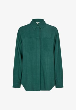Green long-sleeve shirt in a soft fabric, featuring a button-down collar, two chest pockets, and a relaxed fit with slightly curved hem.