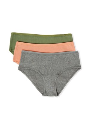 Trois paires de culottes en mélange de coton avec une texture côtelée. Couleurs : vert olive, pêche et gris. Chacune avec une taille élastique et un design à couverture complète.