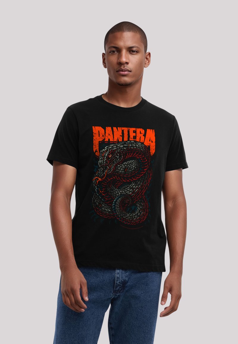 Black cotton t-shirt featuring a detailed red and gray snake graphic with "PANTERA" text in distressed orange above.
