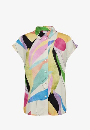 Korte mouw blouse met knopen en een puntige kraag, met een abstract multicolor patroon in roze, groen, geel, blauw, zwart en paars.