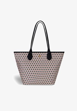 Tote bag with a geometric pattern in pink, black, and cream. Features black leather handles and a woven texture at the handle base.