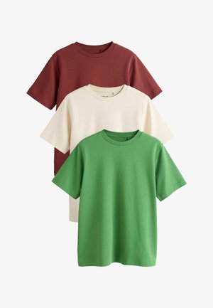 Three plain short-sleeve crewneck t-shirts stacked vertically in green, off-white, and dark red colors on a white background.