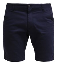 Shorts pour hommes bleu marine mi-longueur aux genoux avec fermeture par boutons, poches avant et passants de ceinture, fabriqués en tissu lisse.