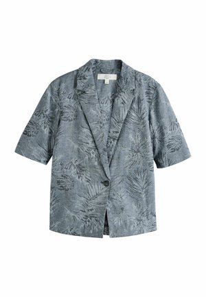 Szürke rövid ujjú lenblézer fekete növényi levélmintával, mély nyakkal, egysoros gombolással és laza szabással.