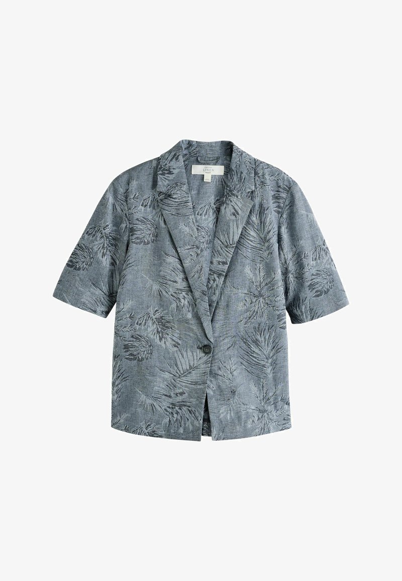 Blazer gris en lin à manches courtes avec imprimé de feuilles botaniques noires, col cranté, fermeture à un bouton et coupe décontractée.