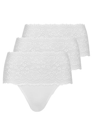 White lace underwear set with floral pattern. Includes three pieces, featuring a smooth cotton base and a decorative lace waistband.