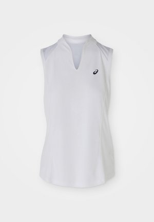 Top sportiv alb fără mâneci, cu decolteu în V și panouri laterale. Prezintă un mic logo negru pe pieptul stâng. Textură netedă și design ajustat.