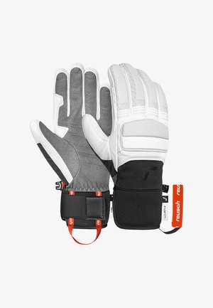 Gray and white gloves with a textured palm, snug wrist strap, and reflective accents. Fabric combines waterproof material for warmth.