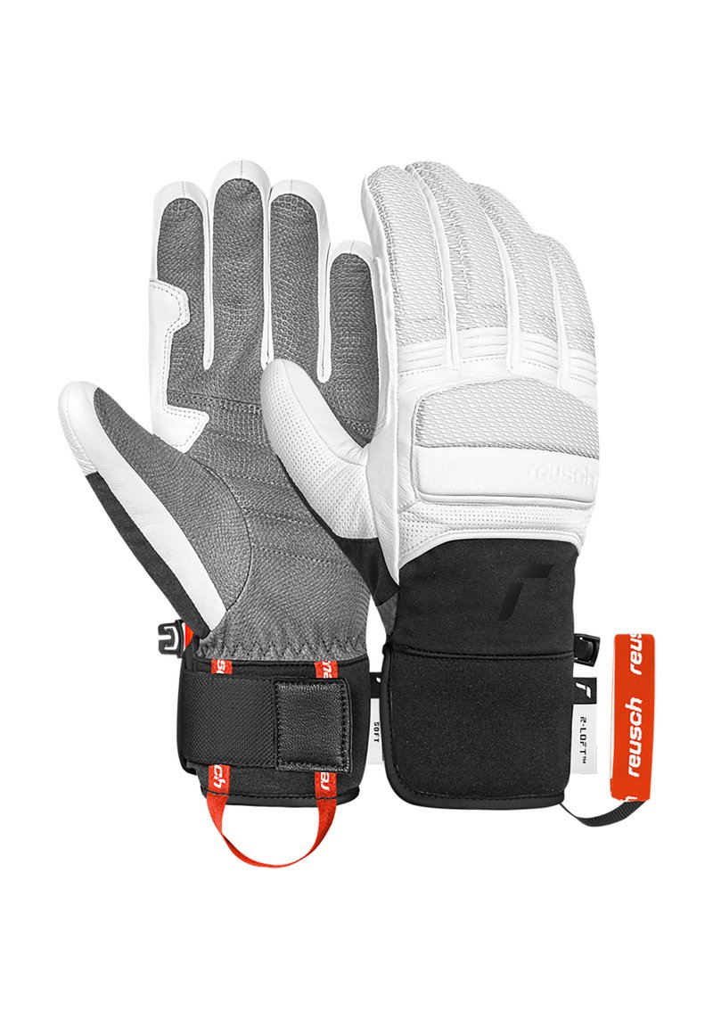 Graue und weiße Handschuhe mit einer strukturierten Handfläche, einem engen Handgelenkstrap und reflektierenden Akzenten. Der Stoff kombiniert wasserdichtes Material für Wärme.