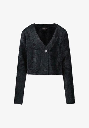 Korte zwarte cardigan gemaakt van een pluizig materiaal, met een diepe V-hals en twee grote knopen aan de voorkant. Lange mouwen met een zachte textuur.