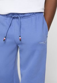Light blue sweatpants with an elastic waistband, drawstring with colored tips, side pockets, and embroidered logo on the leg.