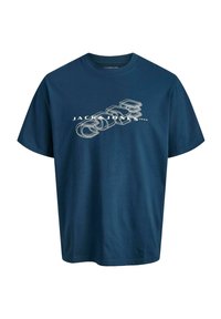 Granatowa bawełniana koszulka z krótkim rękawem, z białym abstrakcyjnym wzorem graficznym oraz napisem "JACK & JONES 1990" z przodu.