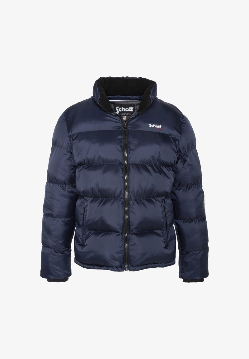 Veste matelassée bleu marine avec un col haut, fermeture éclair à l'avant et deux poches latérales. Présente un design matelassé avec une finition lisse.