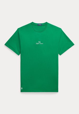 Green short-sleeve crew neck T-shirt with "Polo Ralph Lauren" embroidered in white at center chest and a small white logo above hem.