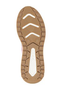 Gummisohle mit strukturierten Griffen, ausgestattet mit einem zentralen weißen Akzent und dem Markenlogo. Das Design enthält Elemente im dreieckigen Muster.