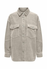 Chemise en velours côtelé gris clair avec un col à col, fermeture à boutons et deux poches poitrine. Présente un effet de côtes verticales texturées et une coupe décontractée.