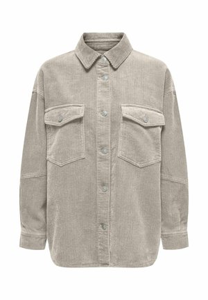 Lichtgrijze corduroy blouse met een kraag, knoopsluiting en twee borstzakken. Voorzien van een gestructureerde verticale ribbel en een relaxte pasvorm.