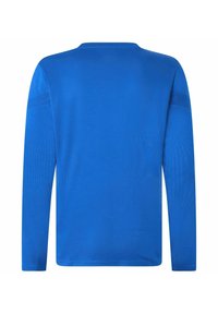 Långärmad skjorta i livlig blå färg, med en slät yta och rundad halsringning. Enkel design utan synliga mönster eller metalldetaljer.