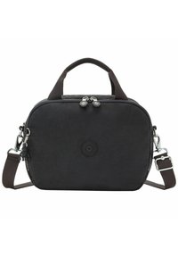 Black fabric handbag with zip closure, dual handles, adjustable brown shoulder strap, and round logo on the front. Smooth texture.