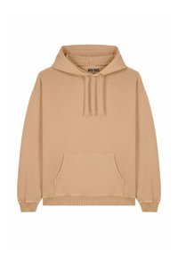 Felpa beige in cotone. Presenta una tasca a marsupio frontale, cordini e polsini e bordo a coste. Design semplice e oversize.