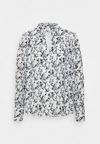 Blusa bianca con motivo floreale in nero e verde, caratterizzata da maniche lunghe, colletto a dolcevita e dettaglio scollatura a chiave.