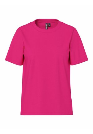 T-shirt a maniche corte di colore rosa brillante con scollo rotondo e etichetta nera sul retro interno del collo.