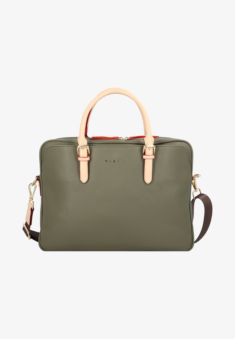 Serviette rectangulaire en cuir vert olive avec poignées beiges, bandoulière sombre amovible, fermeture éclair sur le dessus et petit logo « bugatti » à l'avant.