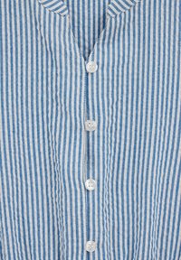 Blå og hvid stribet skjorte med V-hals, syv knapper og tekstureret stof. Striberne er jævnt fordelt og lodrette.